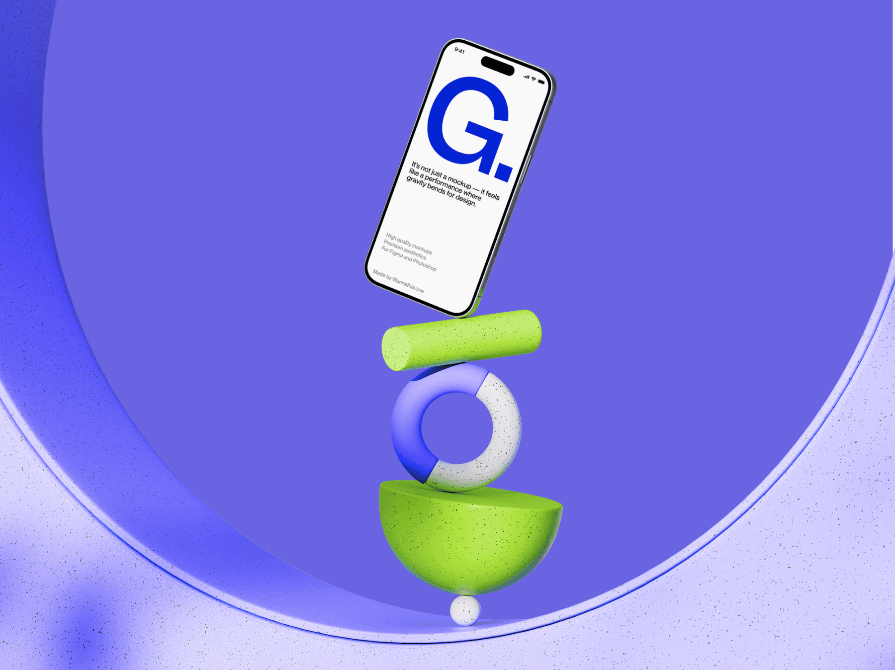 Smartphone mockup balanced on circular abstract 3D shapes