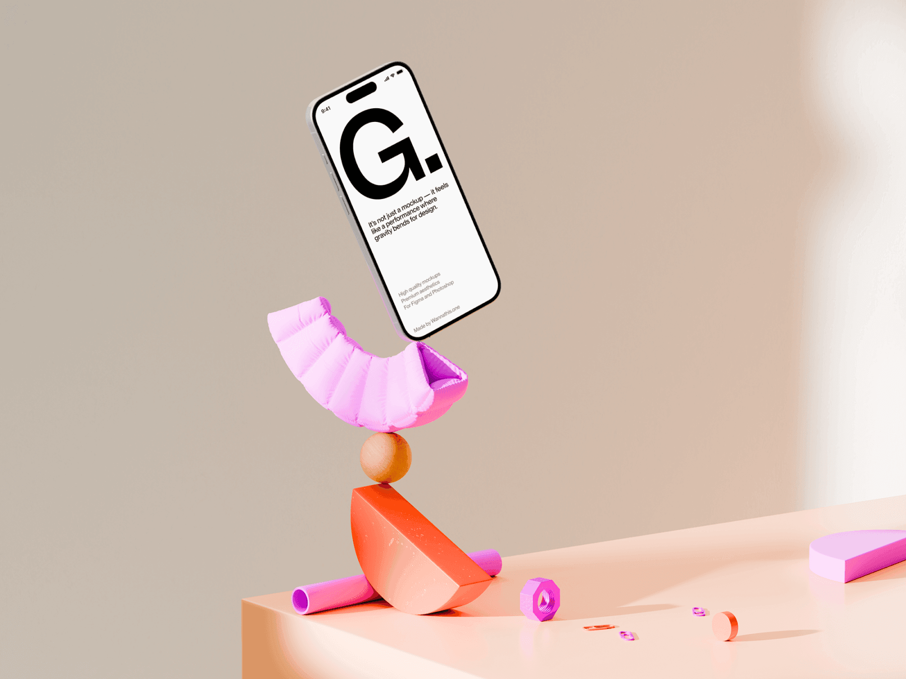 Smartphone mockup balanced on playful abstract objects on a desk