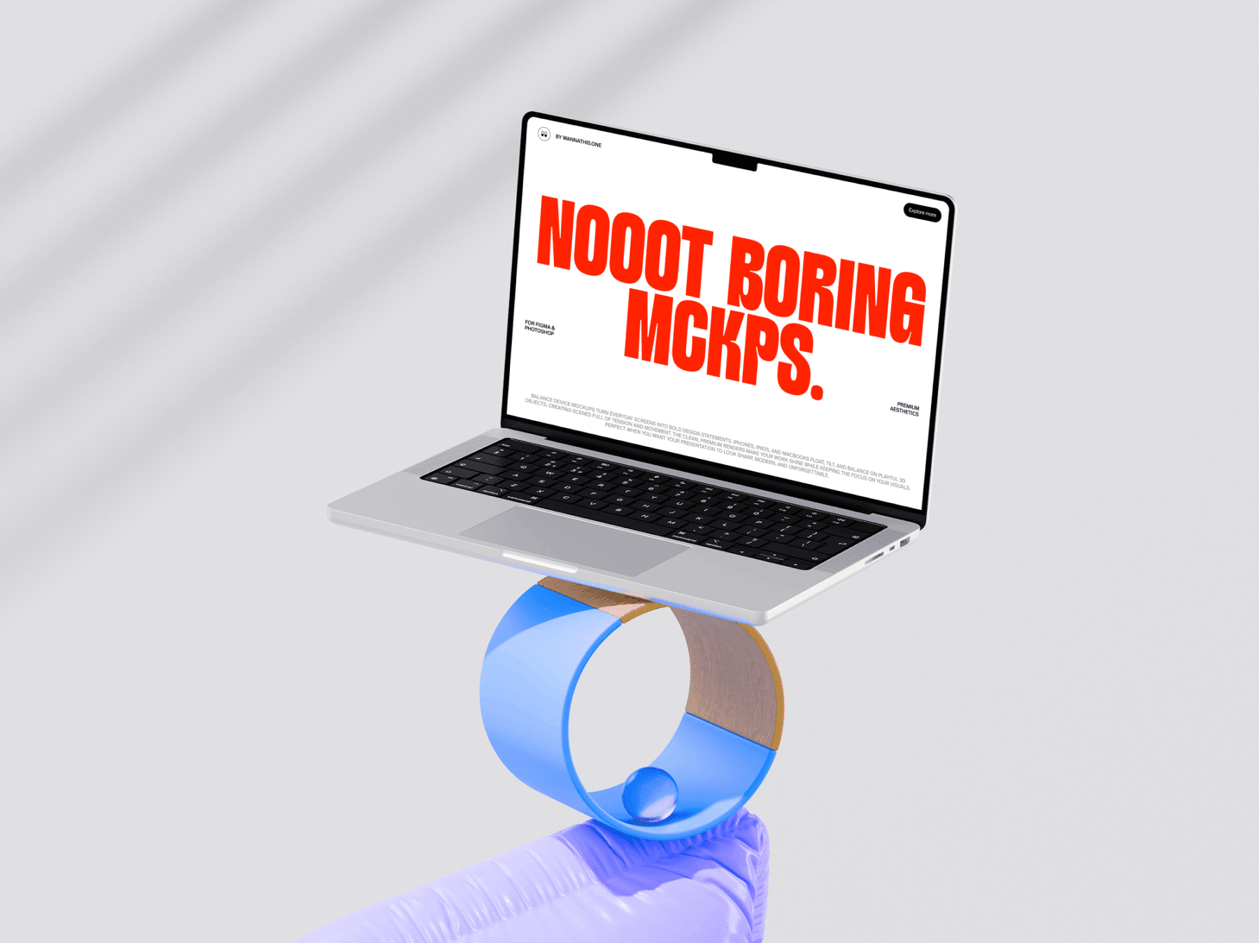 Laptop mockup balanced on abstract geometric shapes with soft shadows