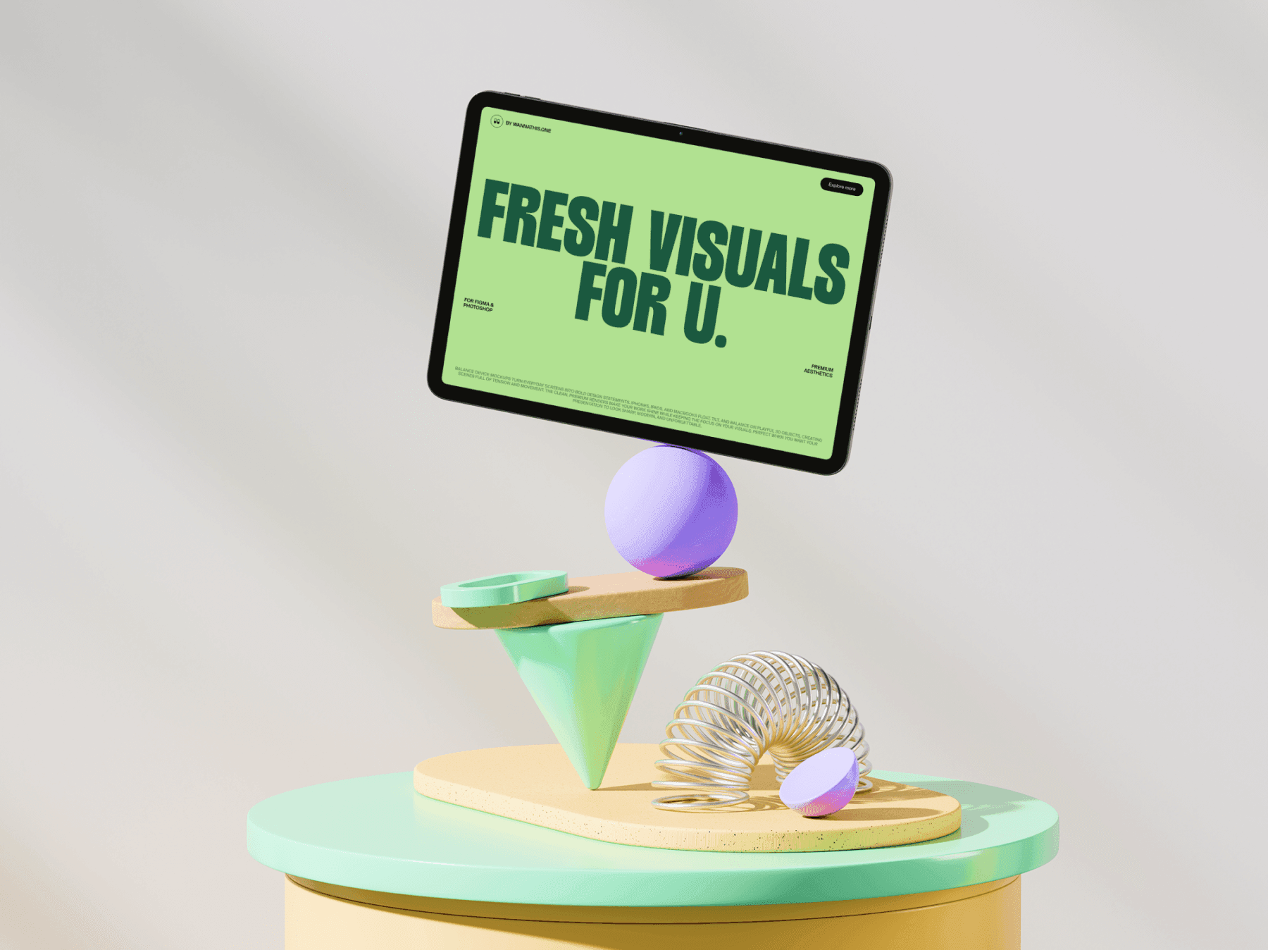 Tablet mockup balanced on playful geometric 3D shapes