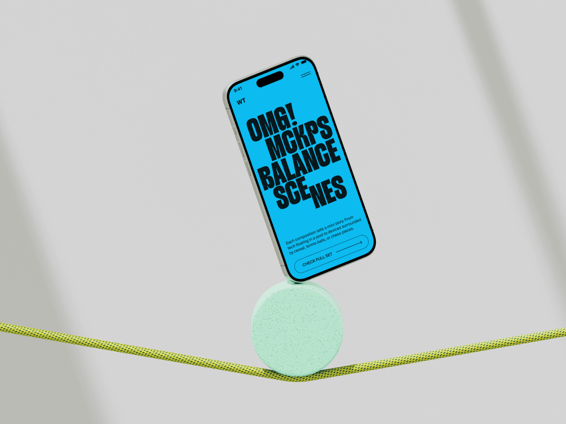 Smartphone mockup balanced on minimal abstract 3D objects