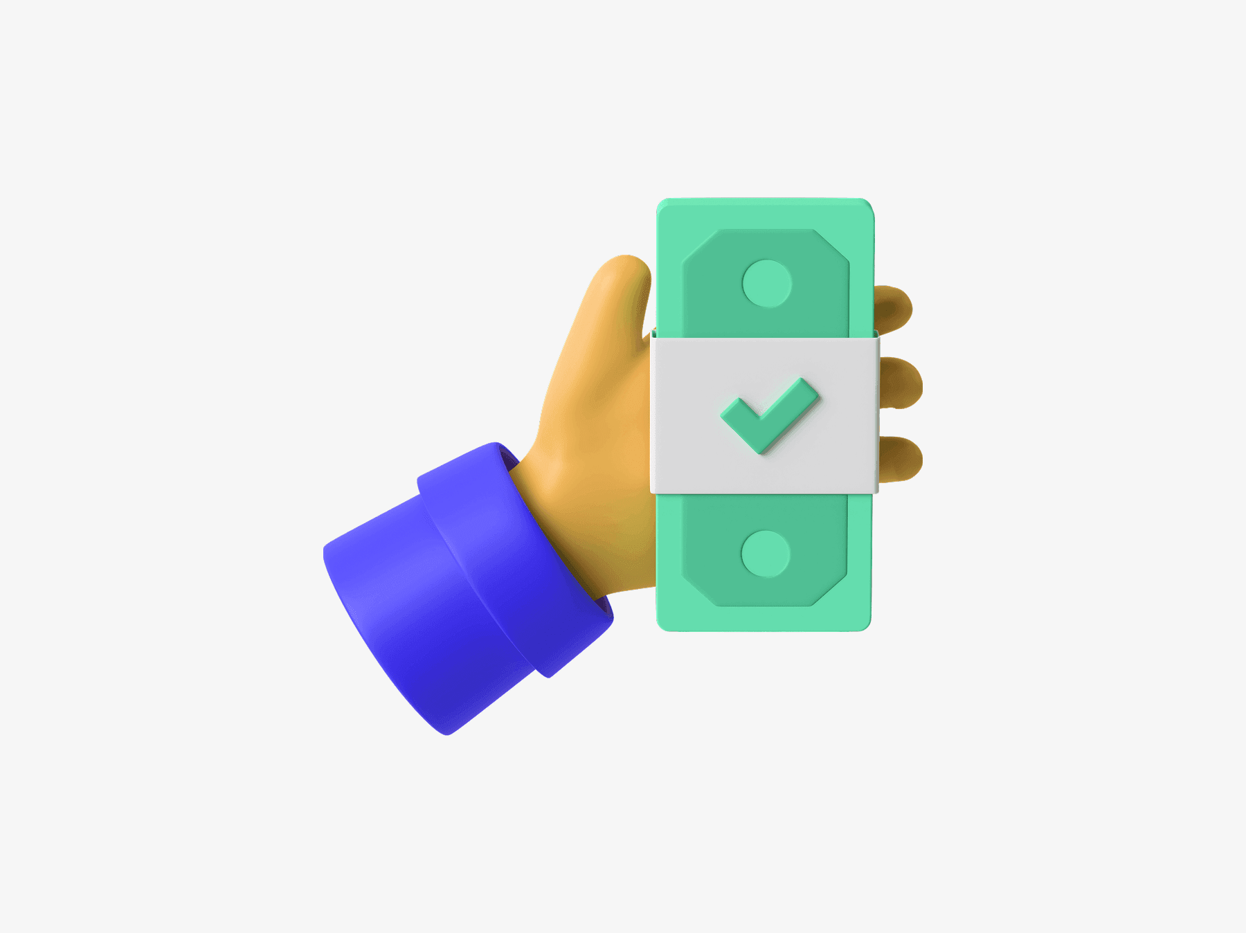 3D illustration of a hand holding a banknote with a check mark