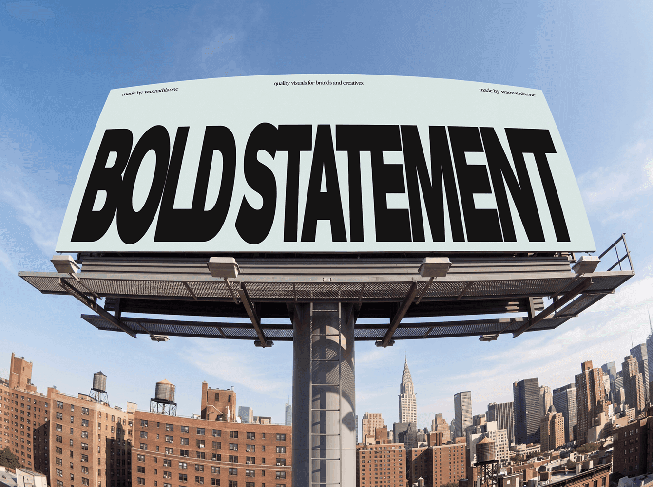 A large billboard mockup reading BOLD STATEMENT in heavy black type above a city skyline and blue sky, an example of an outdoor advertising mockup for brands