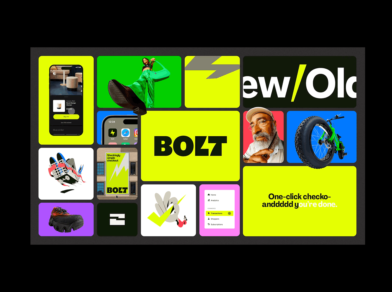 Bolt brand site bento grid in neon yellow and green with product shots, app icons and bold type, an example of bento layout design for landing pages