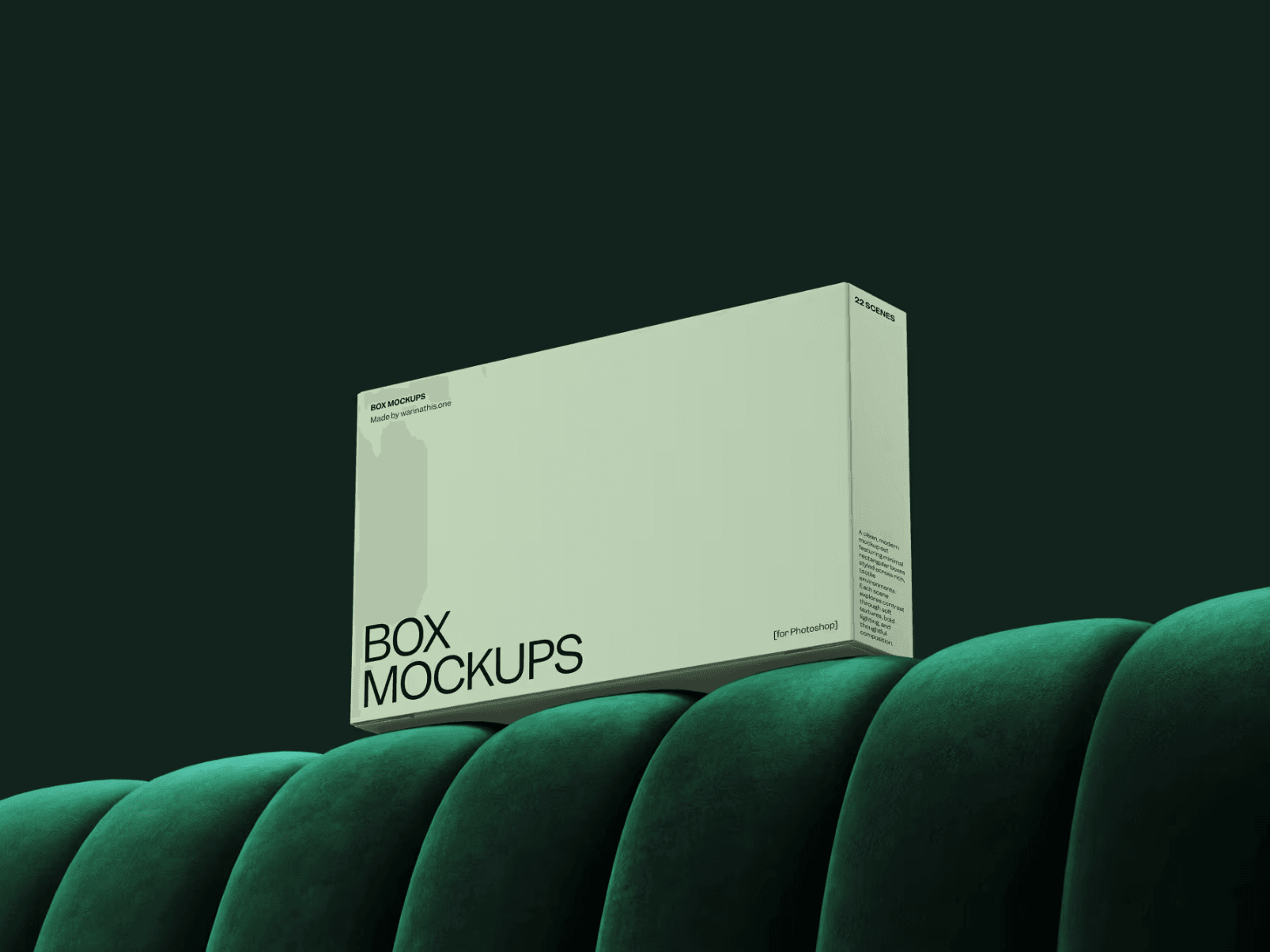 Minimal product box mockup on green velvet surface — soft lighting and realistic textures.