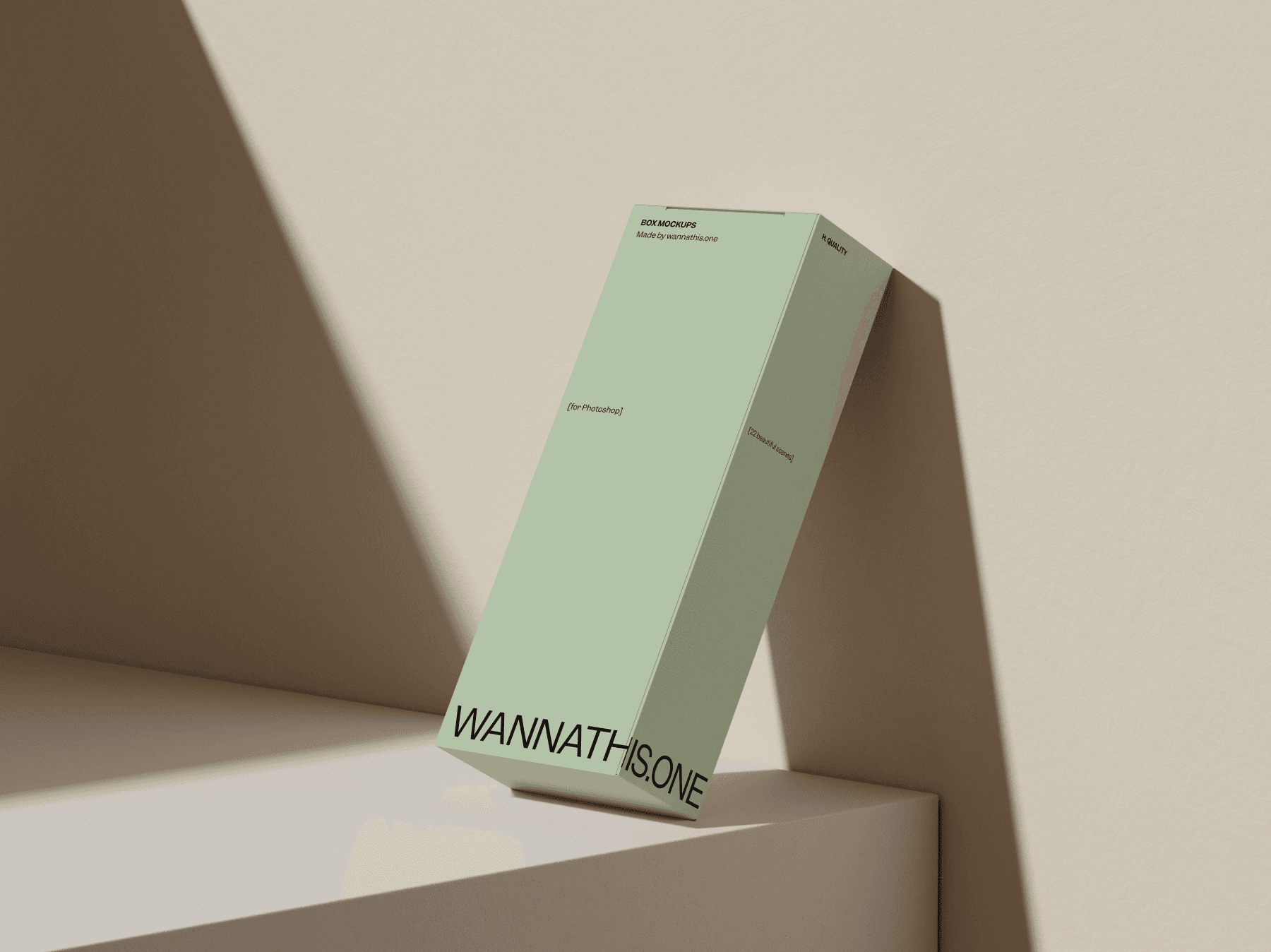 Minimal vertical box mockup leaning against a wall