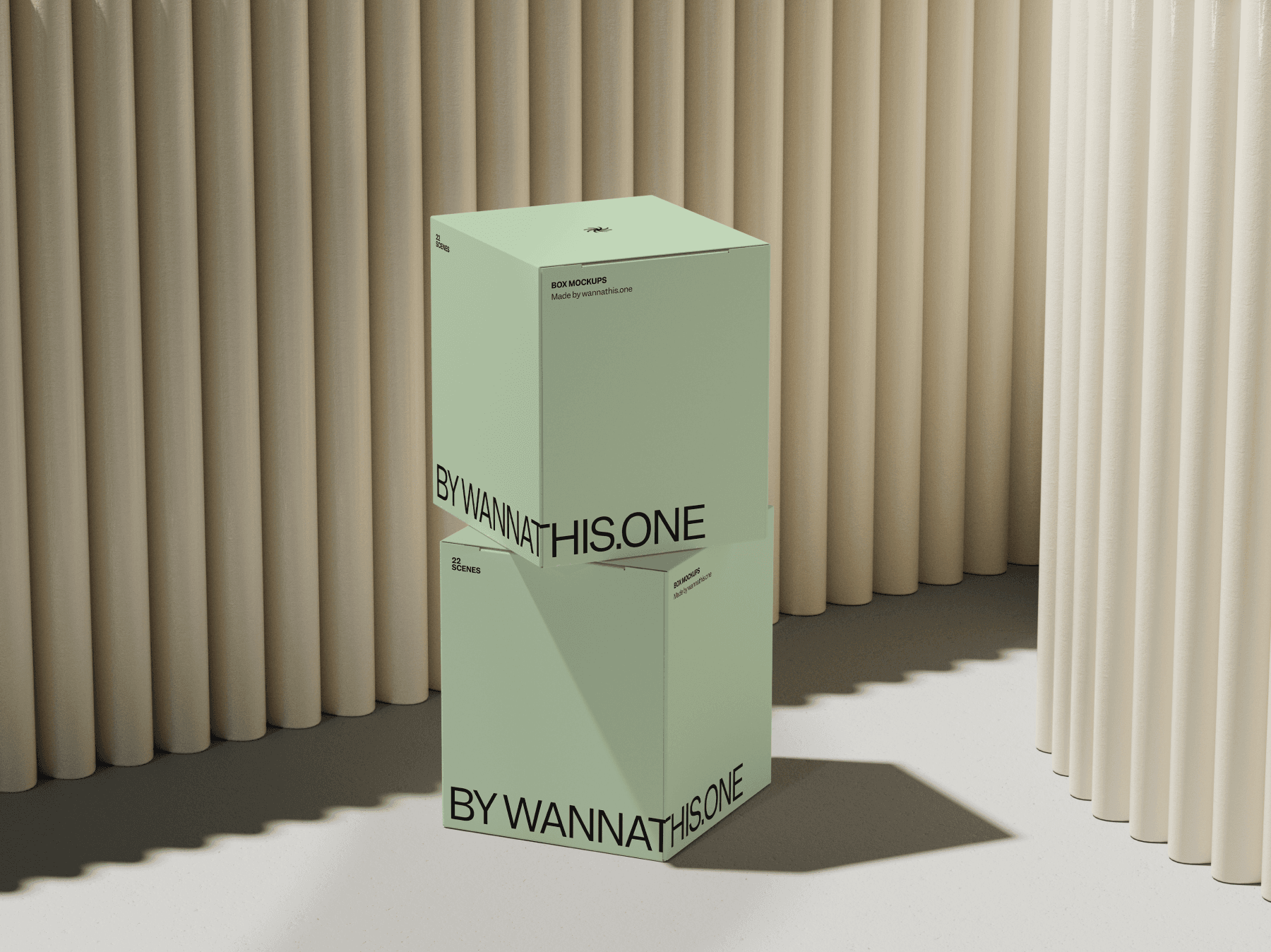 Two vertical box mockups stacked on top of each other in front of soft curtains