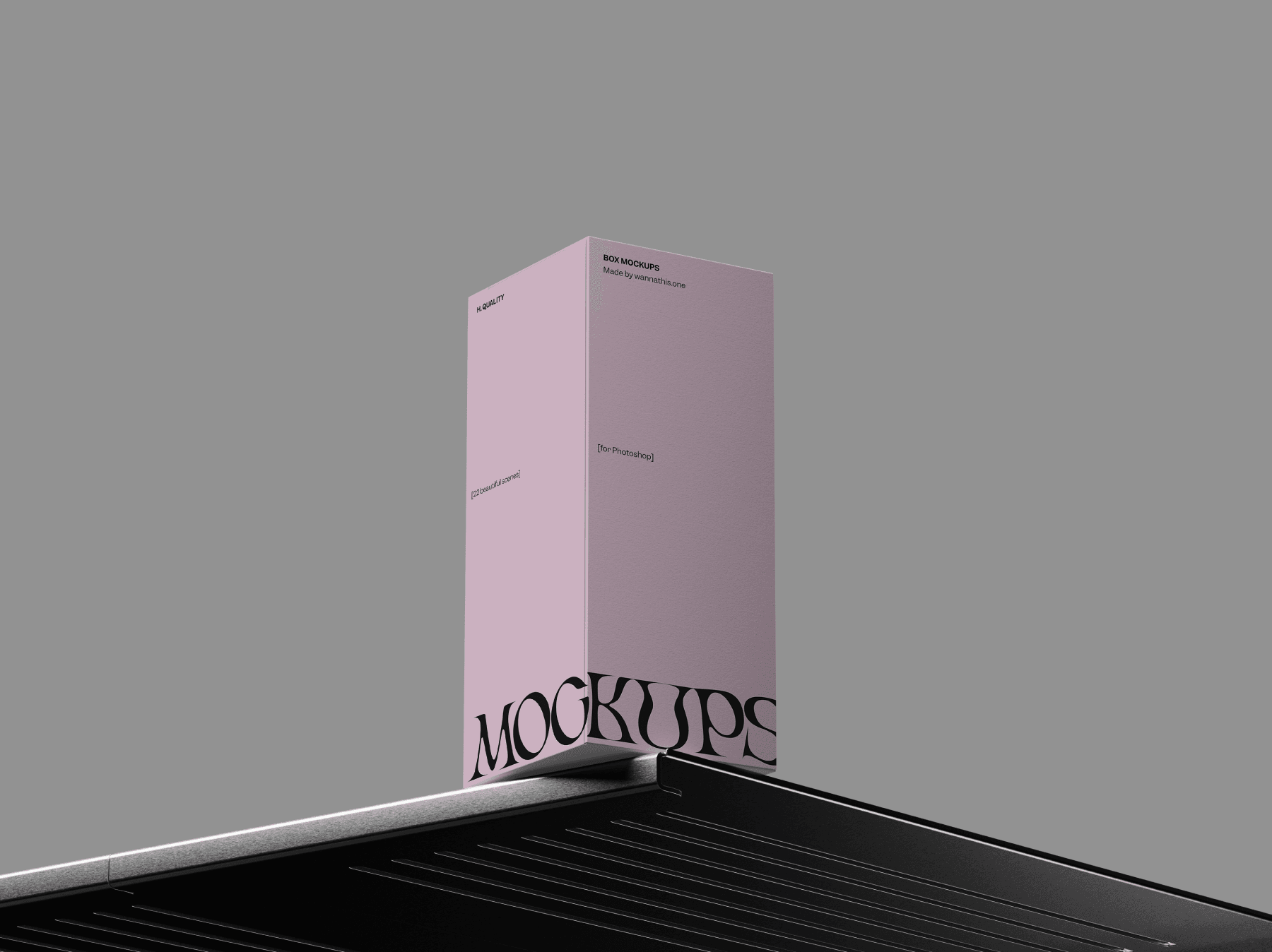 Vertical box mockup placed on a metallic surface with diagonal shadows