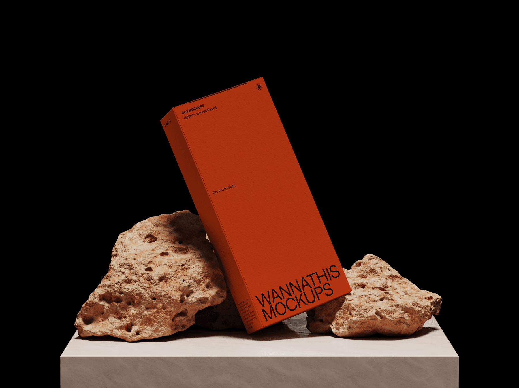 Vertical box mockup leaning against natural stone blocks
