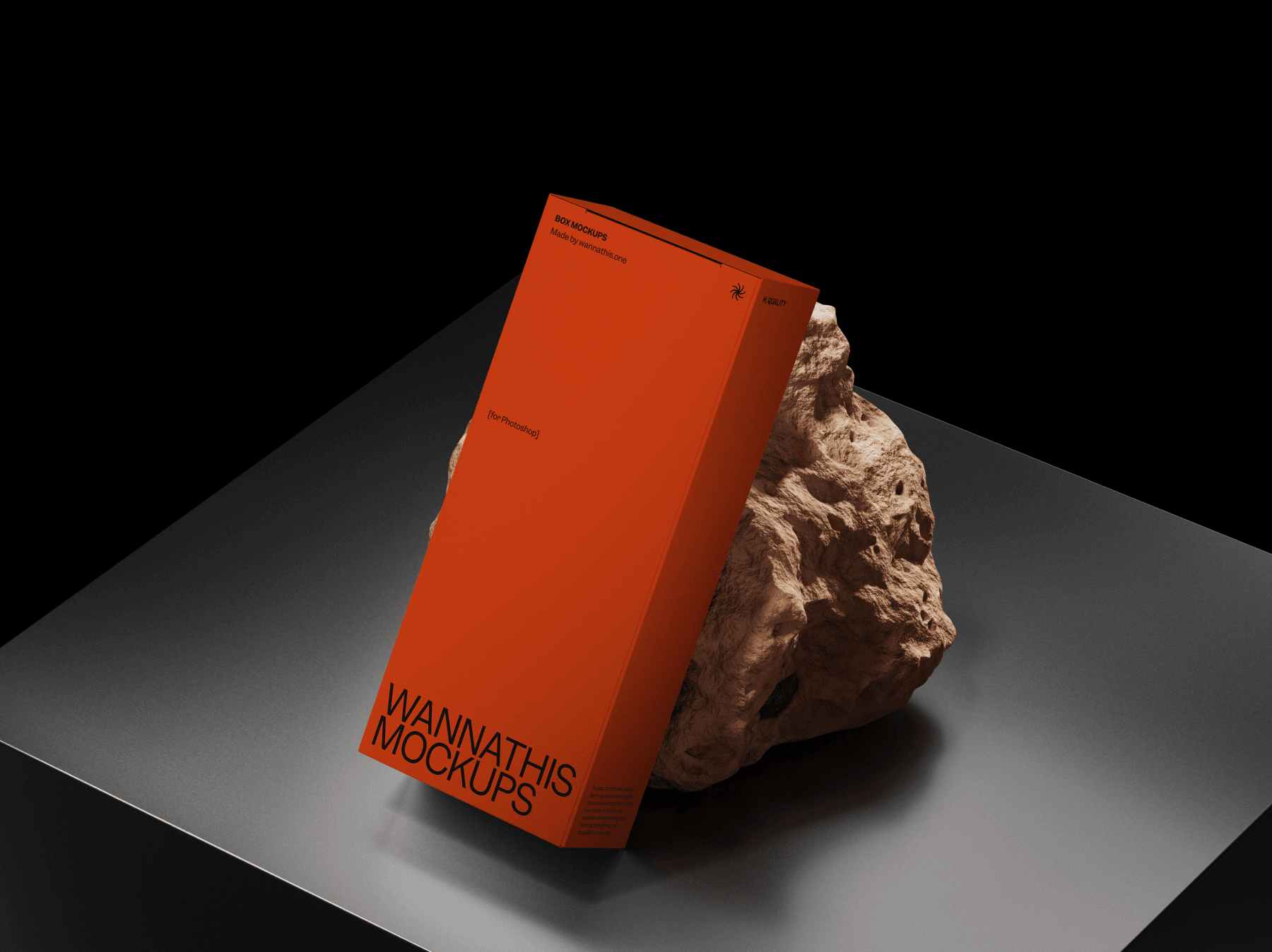 Vertical box mockup leaning against a large textured stone