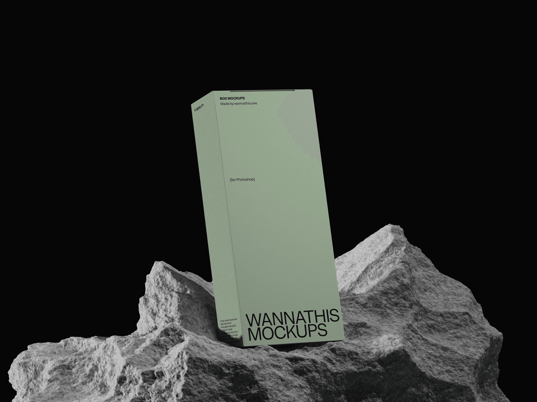 Vertical box mockup displayed on a rugged rock base