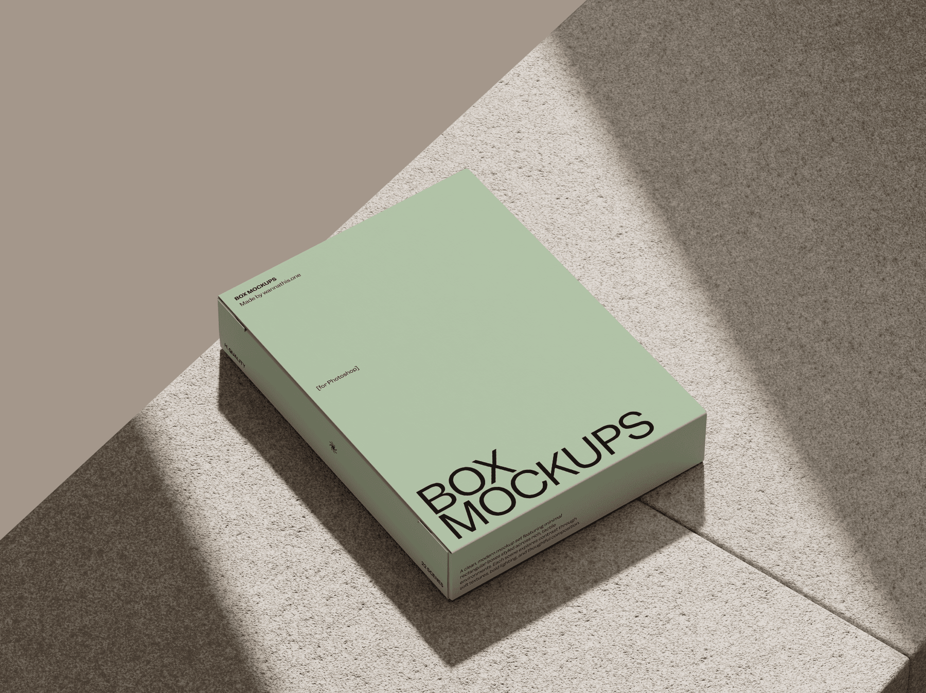 Flat rectangular box mockup on a beige stone surface with sunlight