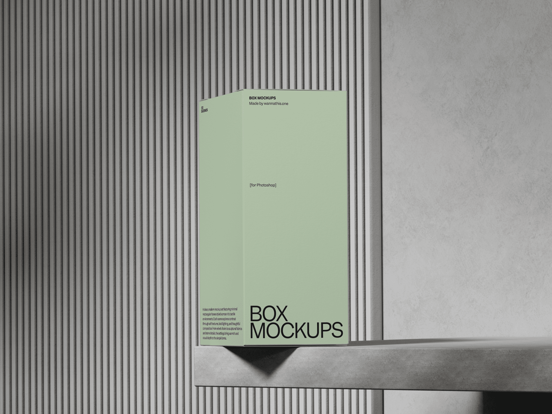 Minimal box mockup placed in front of vertical wall panels