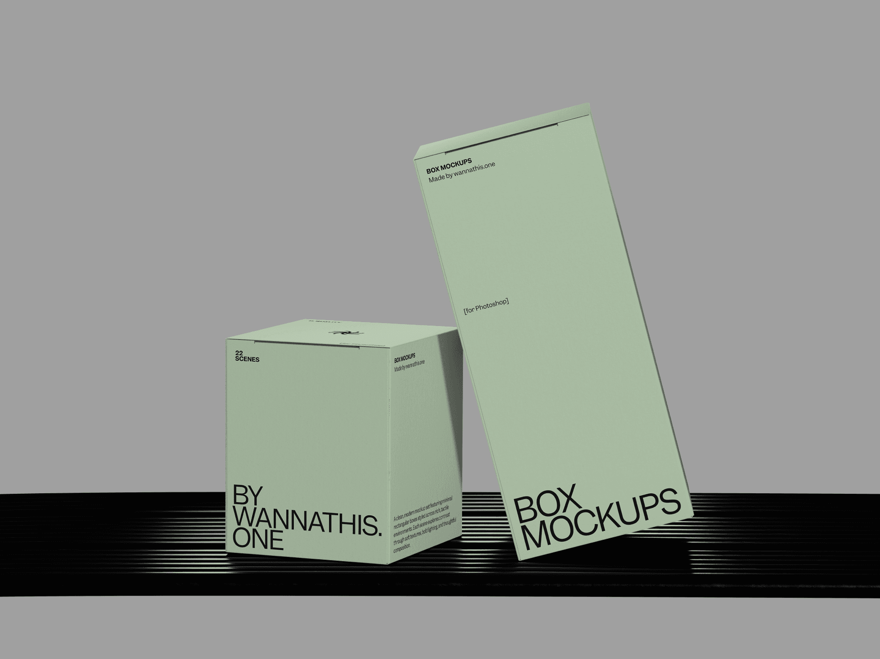 Two box mockups placed together on a striped background