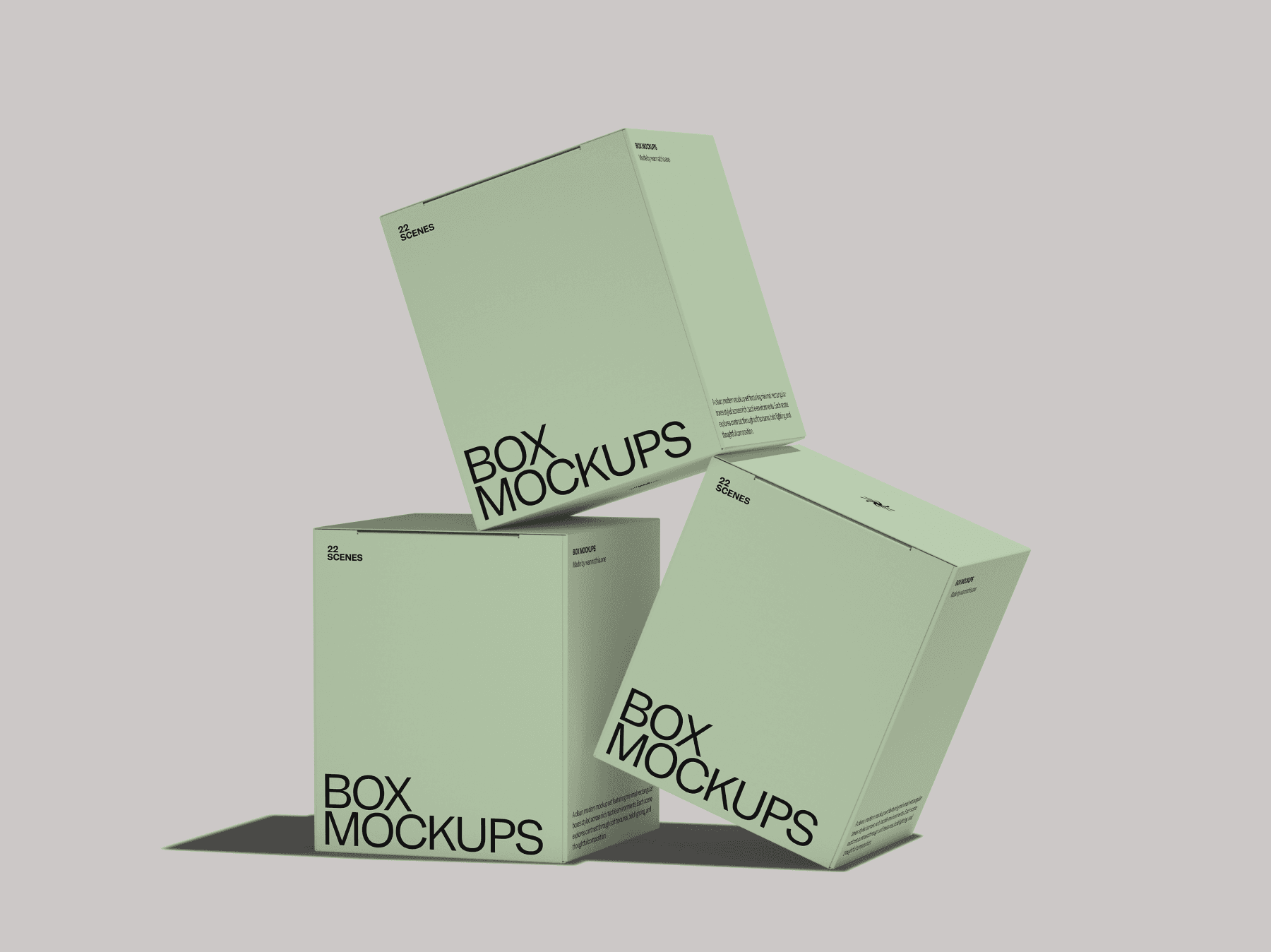 Three upright box mockups arranged in a stacked, tilted formation