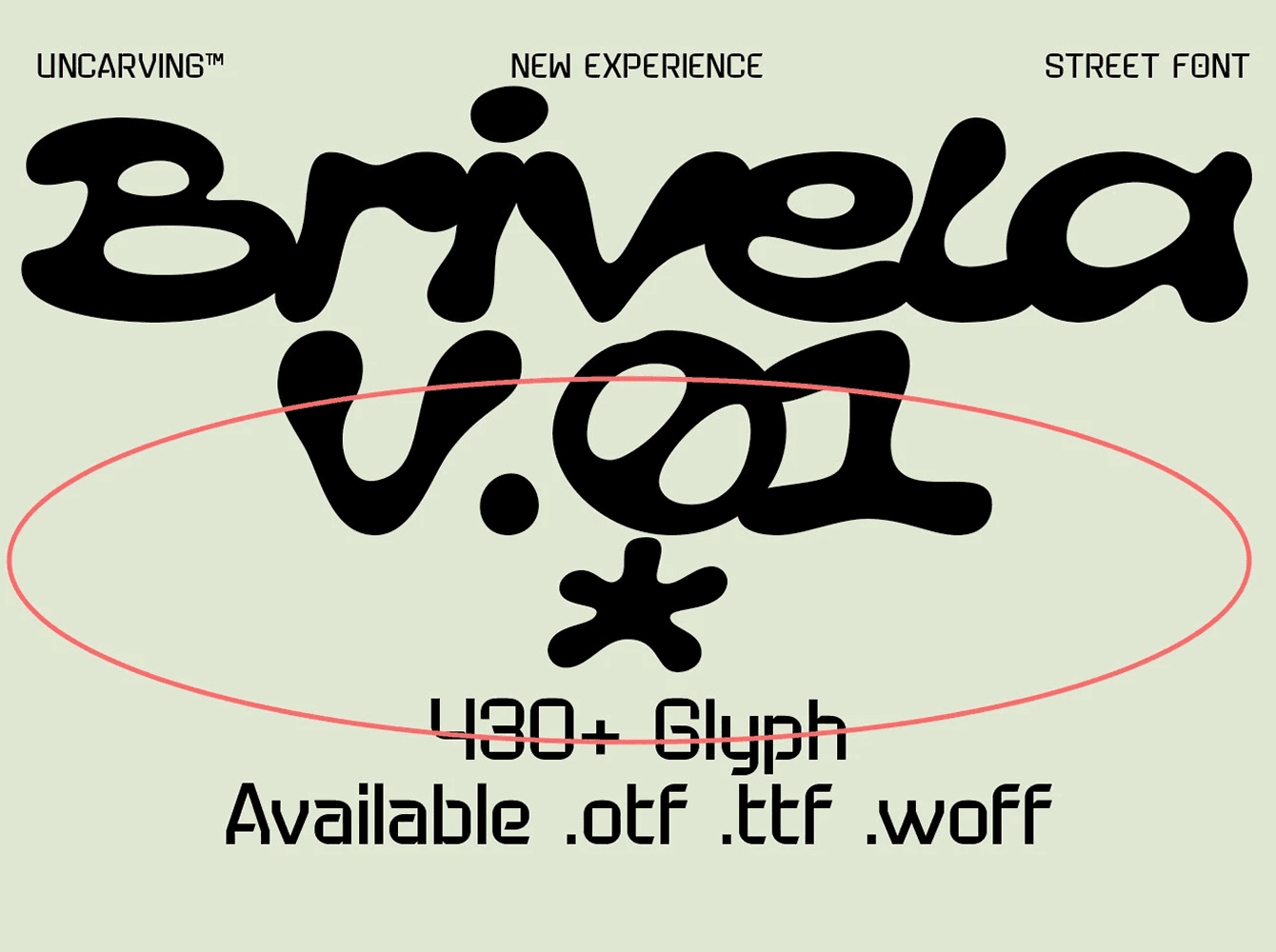 Brivela typeface in a glossy liquid graffiti style spelling Brivela v.01 in black on sage green, a bubbly street display font for bold logos and poster headlines