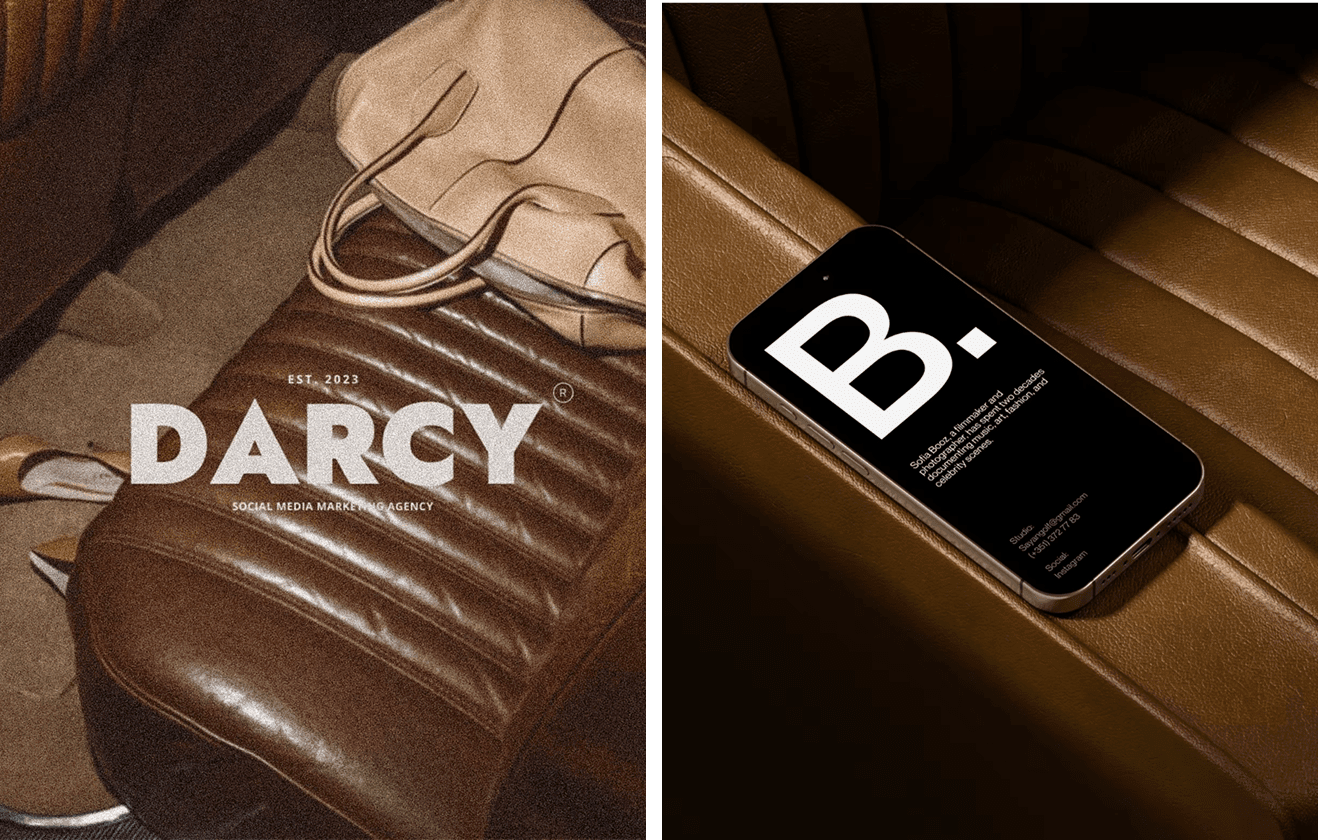 Vintage brown leather car interior with a minimal black-and-white phone screen mockup