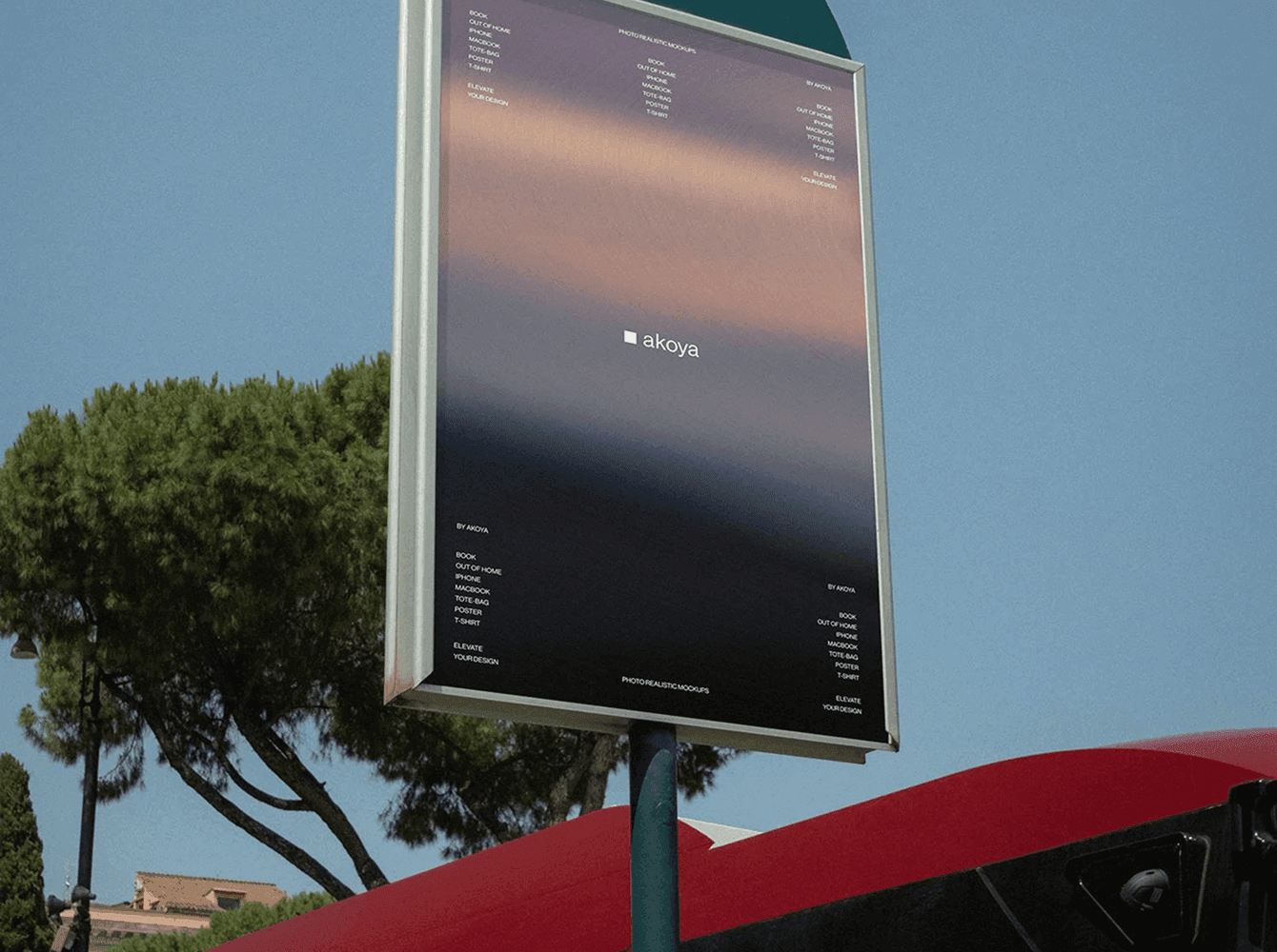 Vertical outdoor billboard mockup with minimalist gradient design at a bus station during daytime