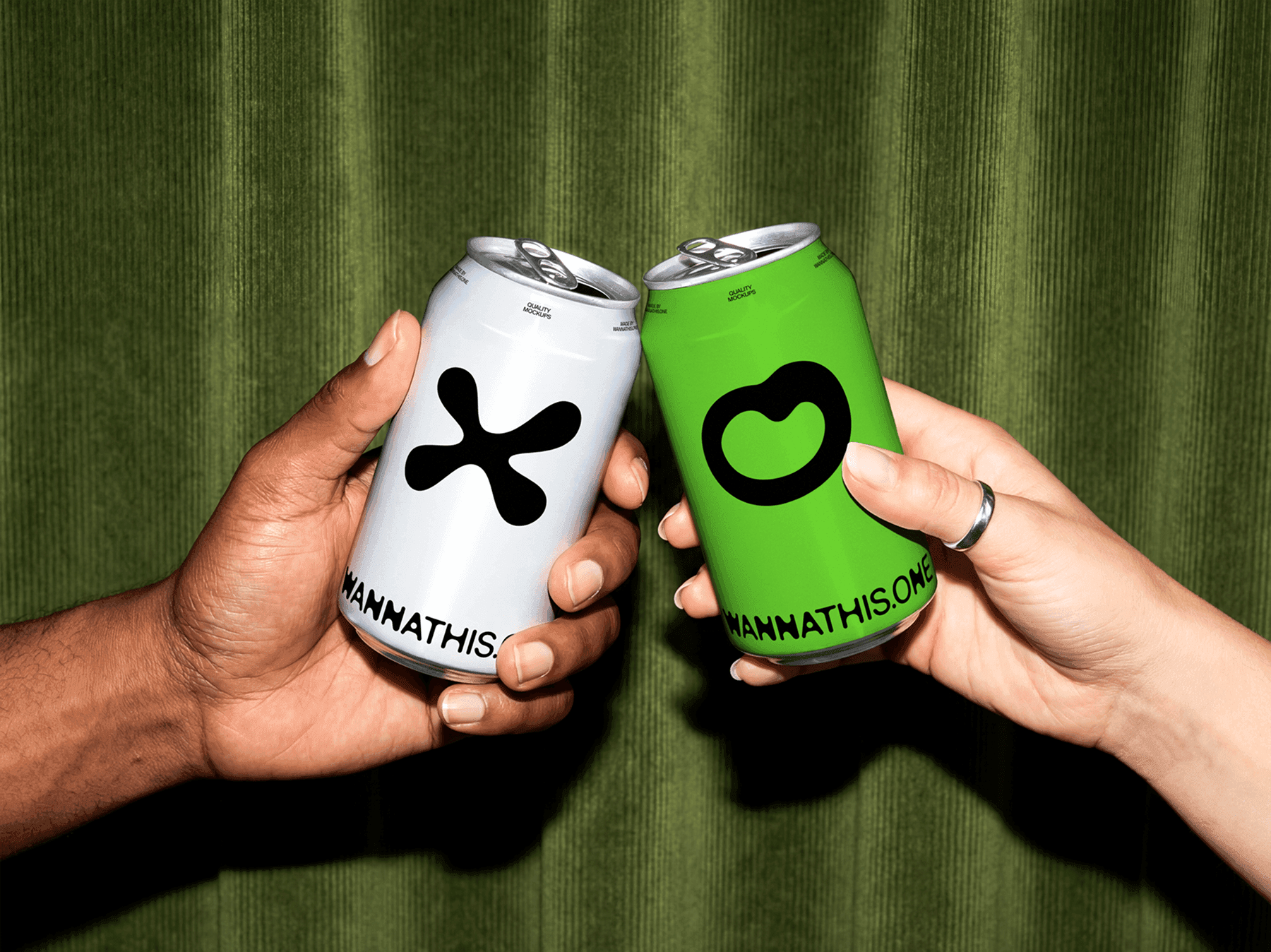 Two hands holding beverage can mockups together in a lifestyle scene