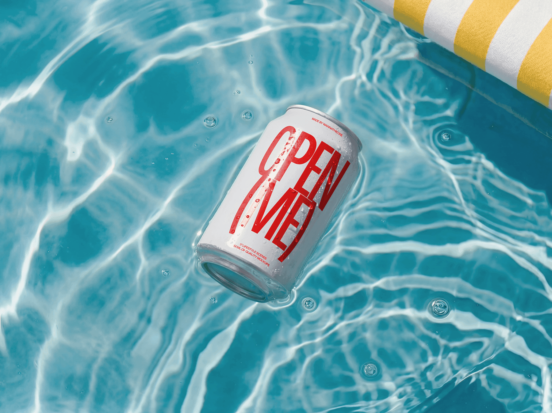 Beverage can mockup floating in a swimming pool with water reflections