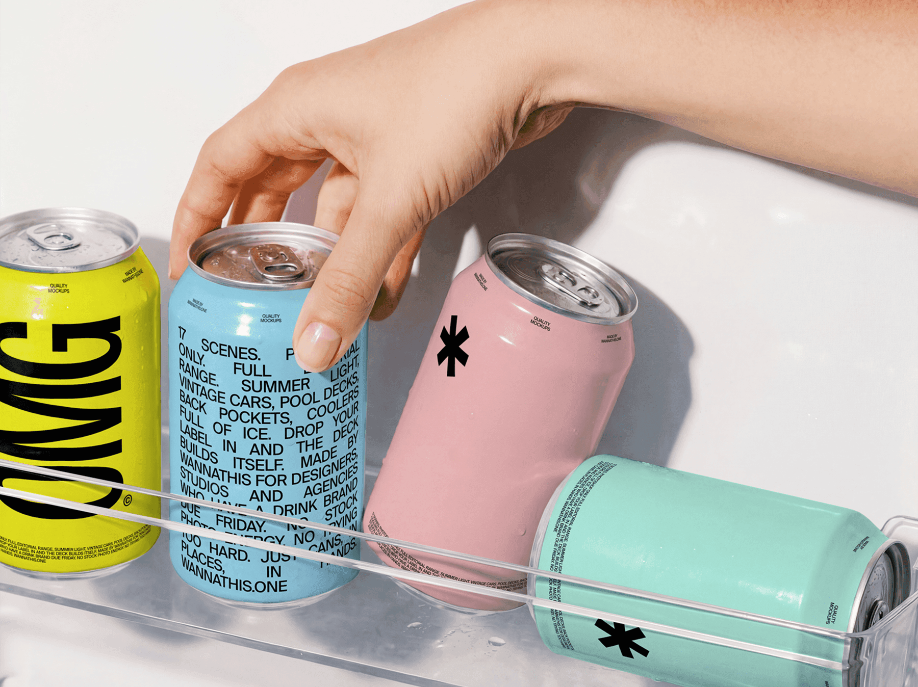 Lifestyle can mockup placed inside a fridge shelf with hand interaction