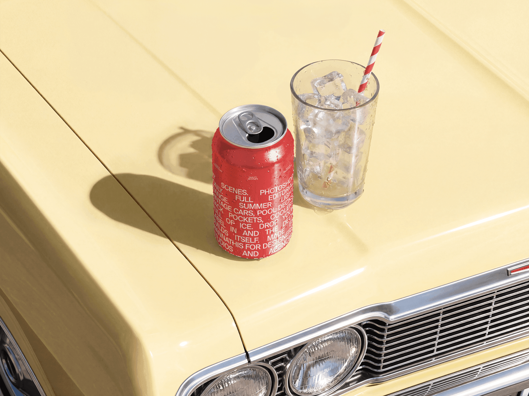 Drink can mockup placed on the hood of a vintage car beside a glass