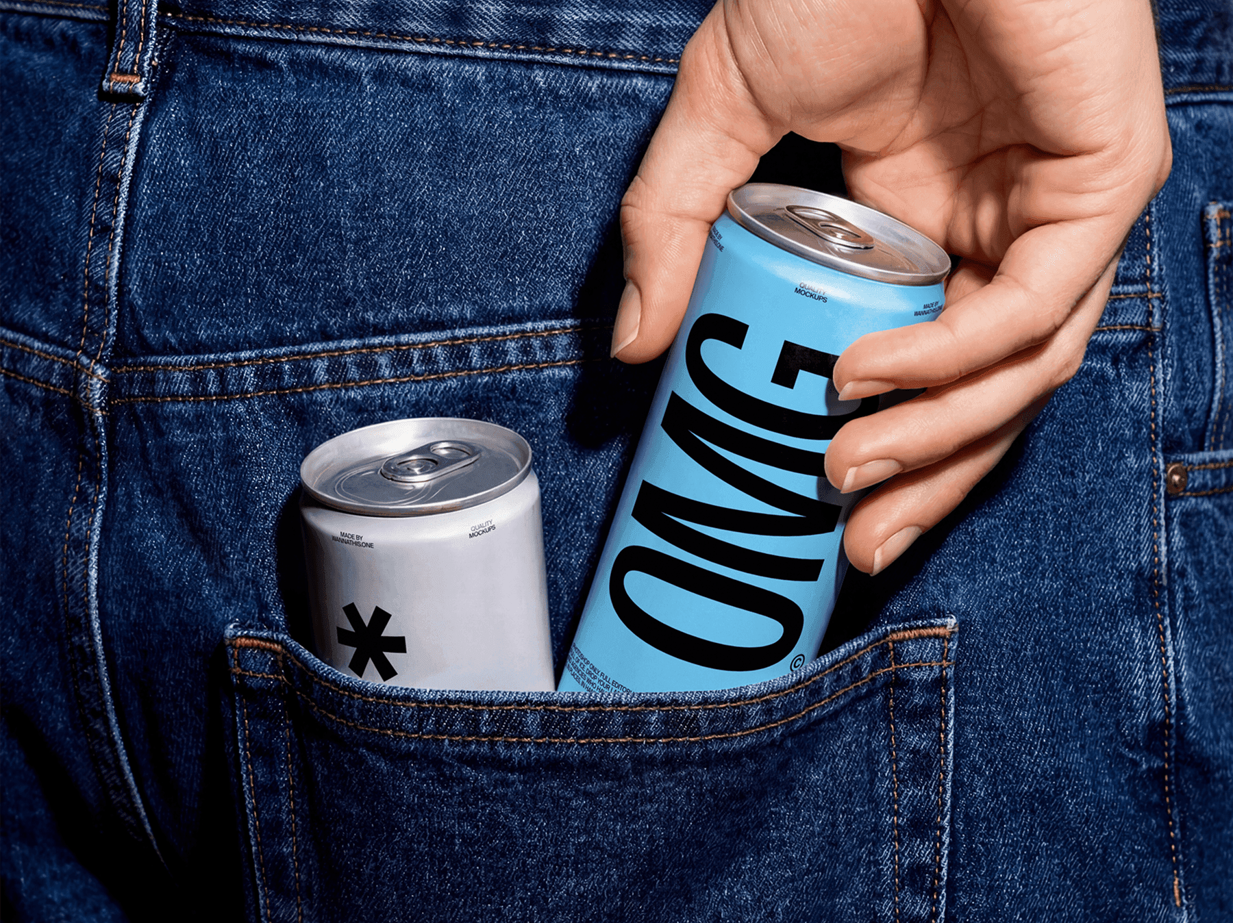 Lifestyle beverage can mockup placed inside a denim pocket with hand interaction