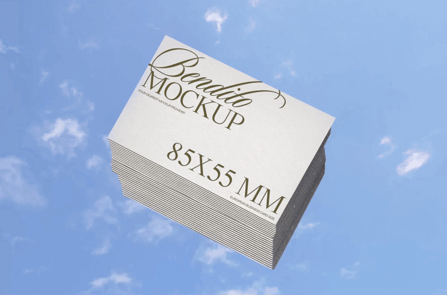 Stacked business card mockup floating against blue sky background