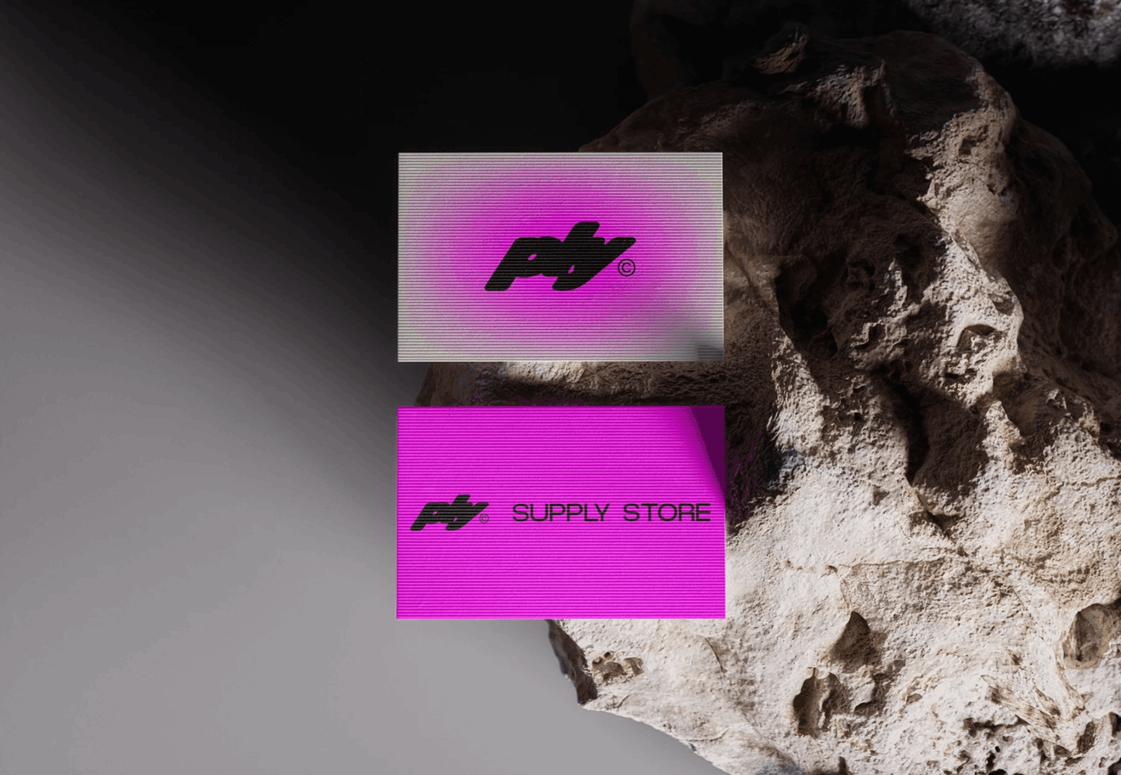 Modern business card mockup with pink gradient on stone surface branding scene