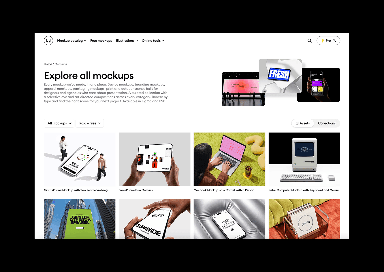 The Explore all mockups catalog page with a grid of iPhone, MacBook and billboard mockup scenes, where designers browse and choose a Figma mockup to work with