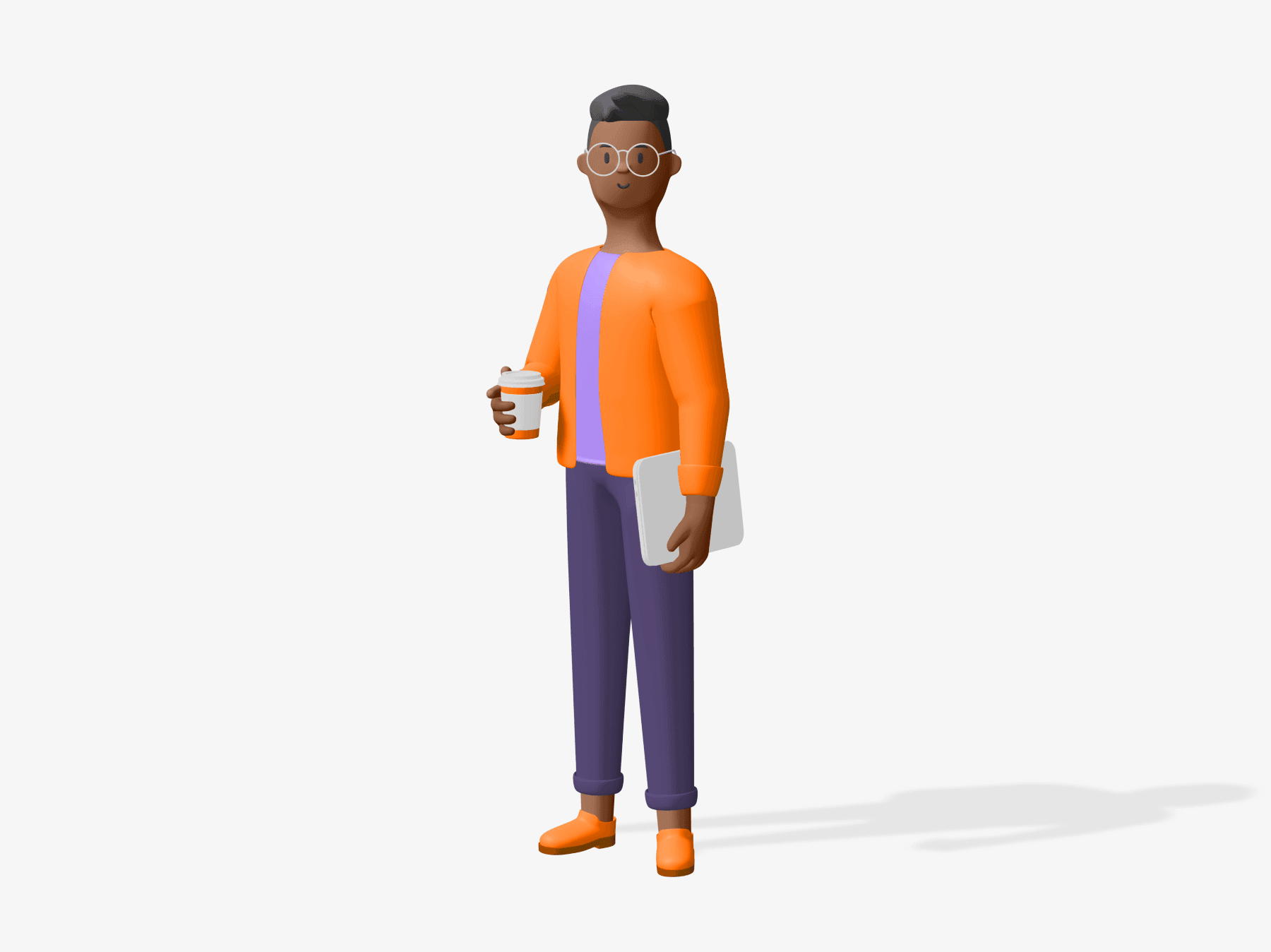 Free 3D character wearing sunglasses and orange jacket, holding a coffee cup and tablet, representing casual tech user