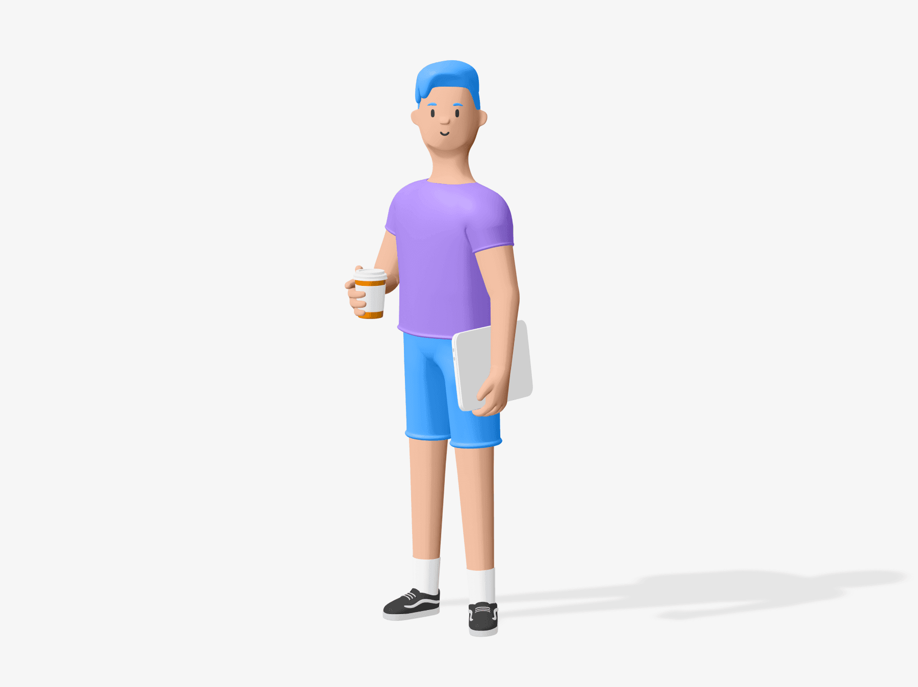 3D character of a man holding a coffee cup and laptop