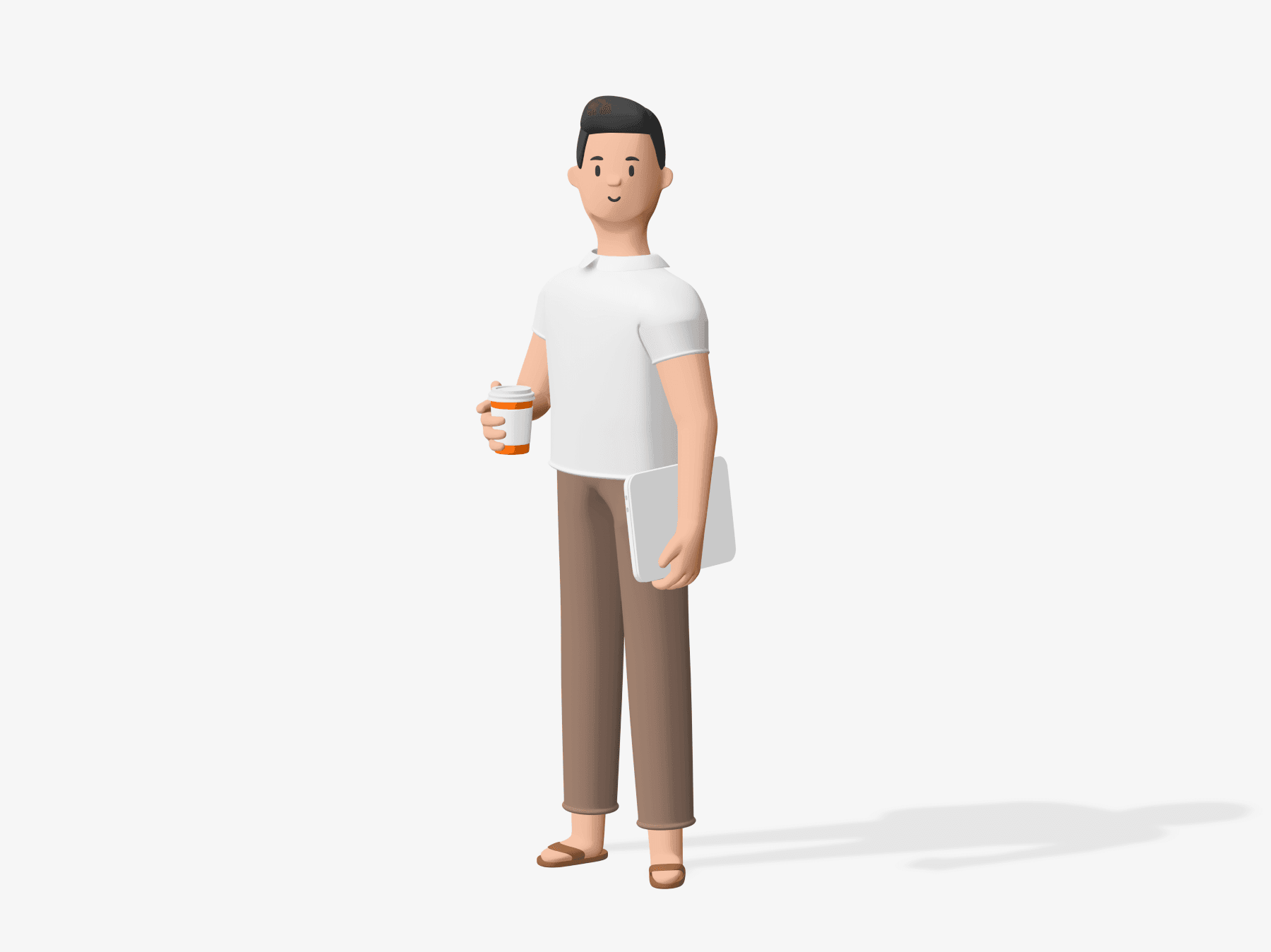 3D character of a young man holding a coffee cup and tablet