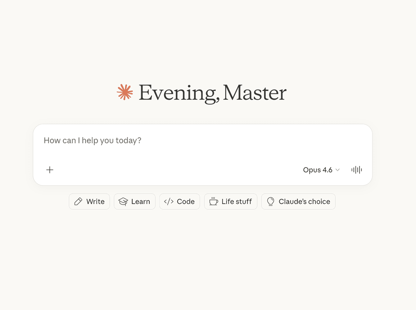 Claude AI conversational interface with minimalist design and prompt input field