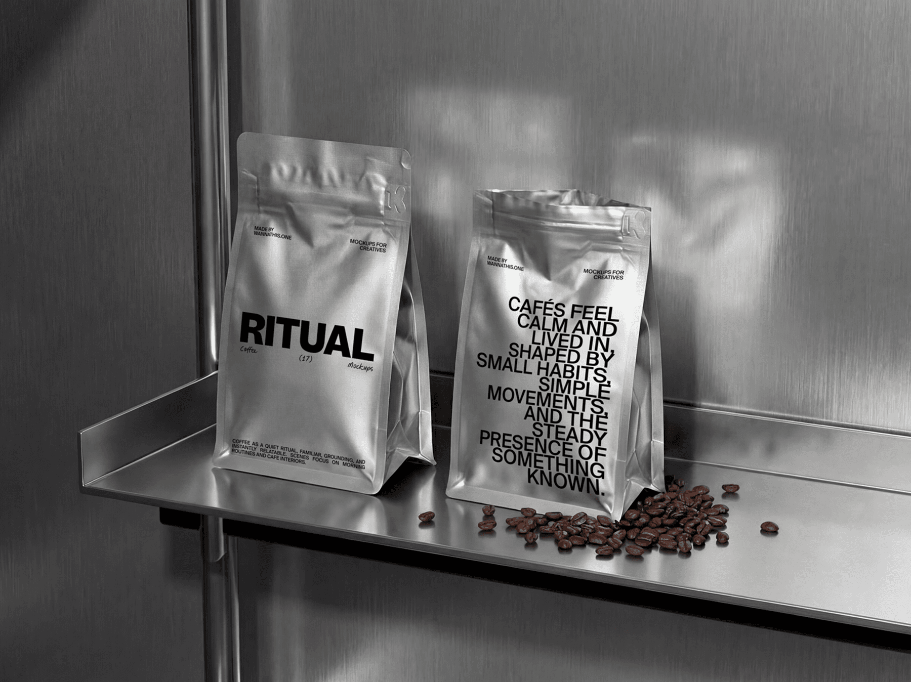 Coffee packaging bags displayed on a metal shelf with coffee beans
