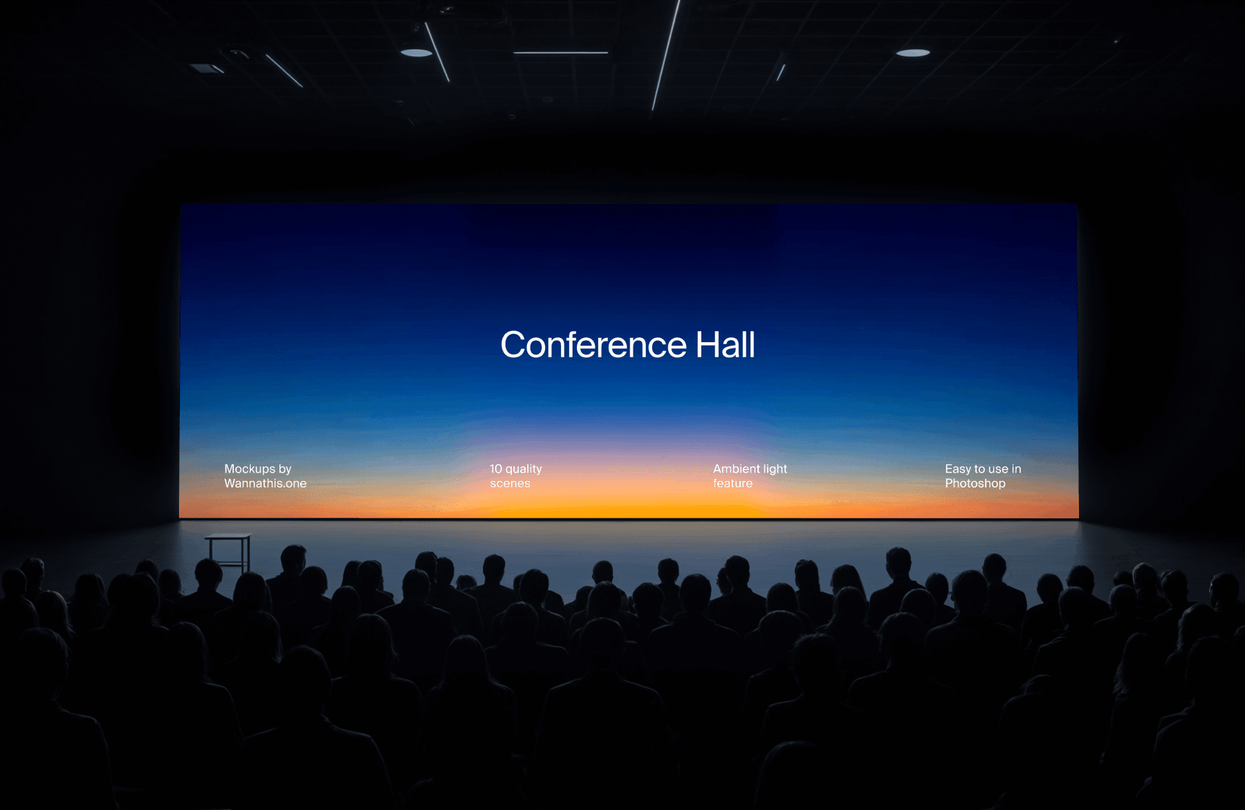 Dark conference hall with sunset horizon backdrop