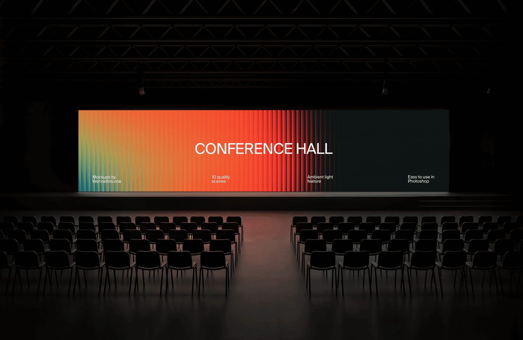 Gradient-colored screen conference hall mockup with empty seating