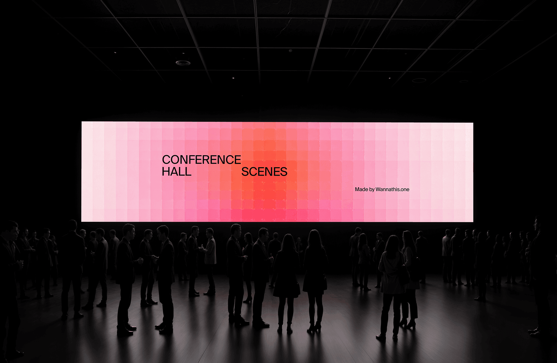 Conference hall filled with a standing crowd facing the stage