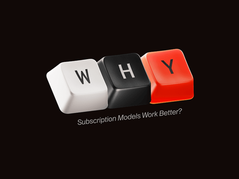 Cover artwork with 3D keys spelling WHY — featured image for article on design subscription models from Wannathis studio.