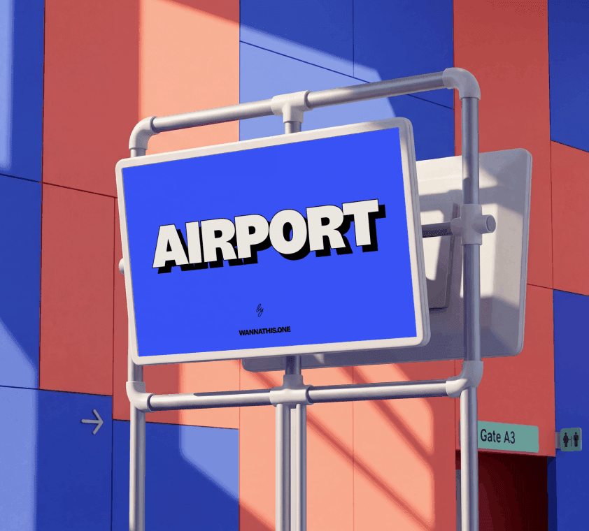 Airport standing sign mockup with bold AIRPORT text on a blue panel held in a chrome pipe frame, set against a red and blue tiled terminal wall.