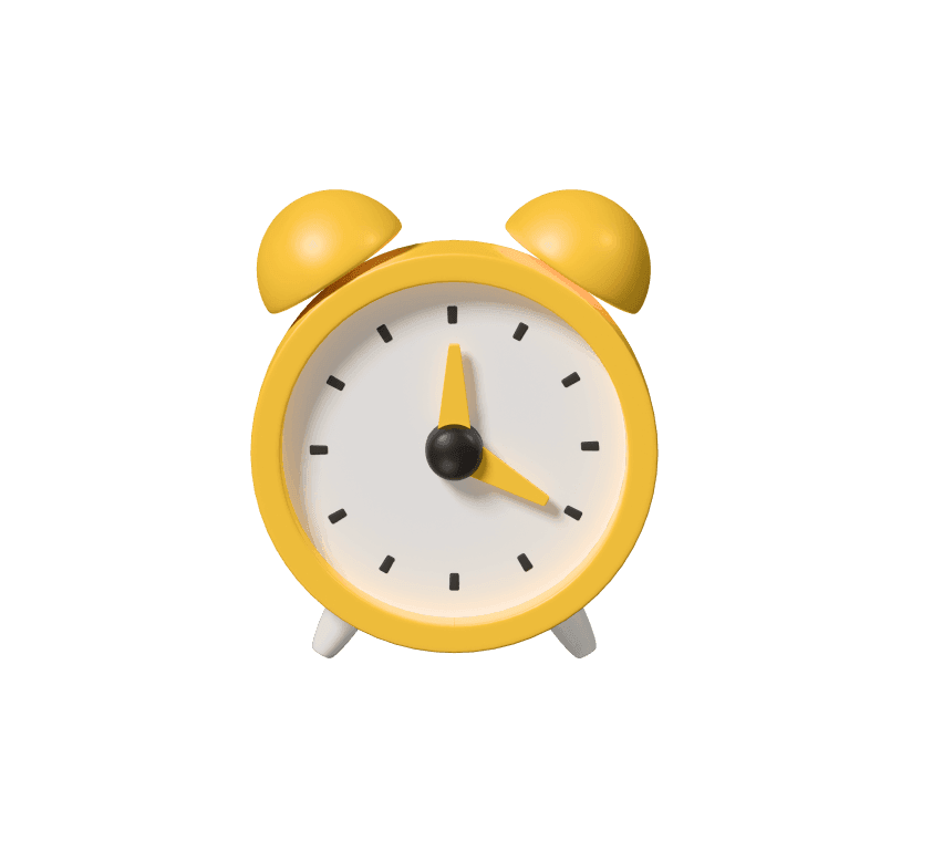 Free 3D illustration of a classic yellow alarm clock with bells and white clock face, isolated on white background