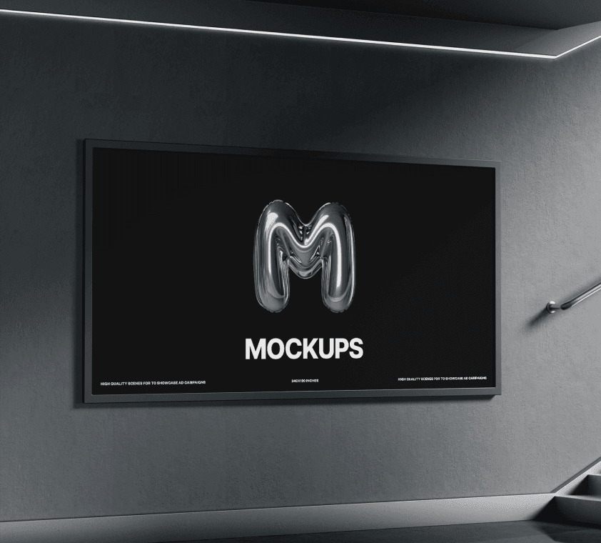 Free widescreen digital billboard mockup mounted on dark interior wall