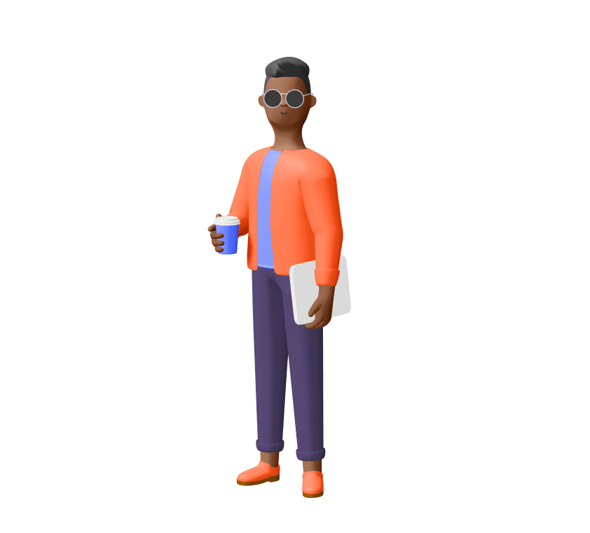 Free 3D character wearing sunglasses and orange jacket, holding a coffee cup and tablet, representing casual tech user