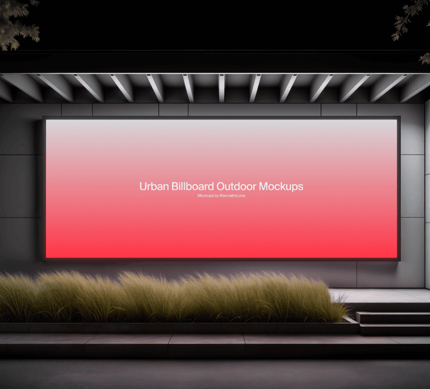 Large urban billboard mockup with glowing red display mounted on a modern city wall with plants in front