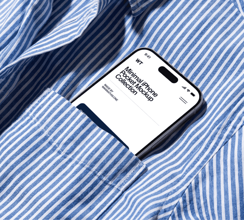 Free iPhone mockup in a blue and white striped shirt pocket, screen visible at an angle on soft cotton fabric.