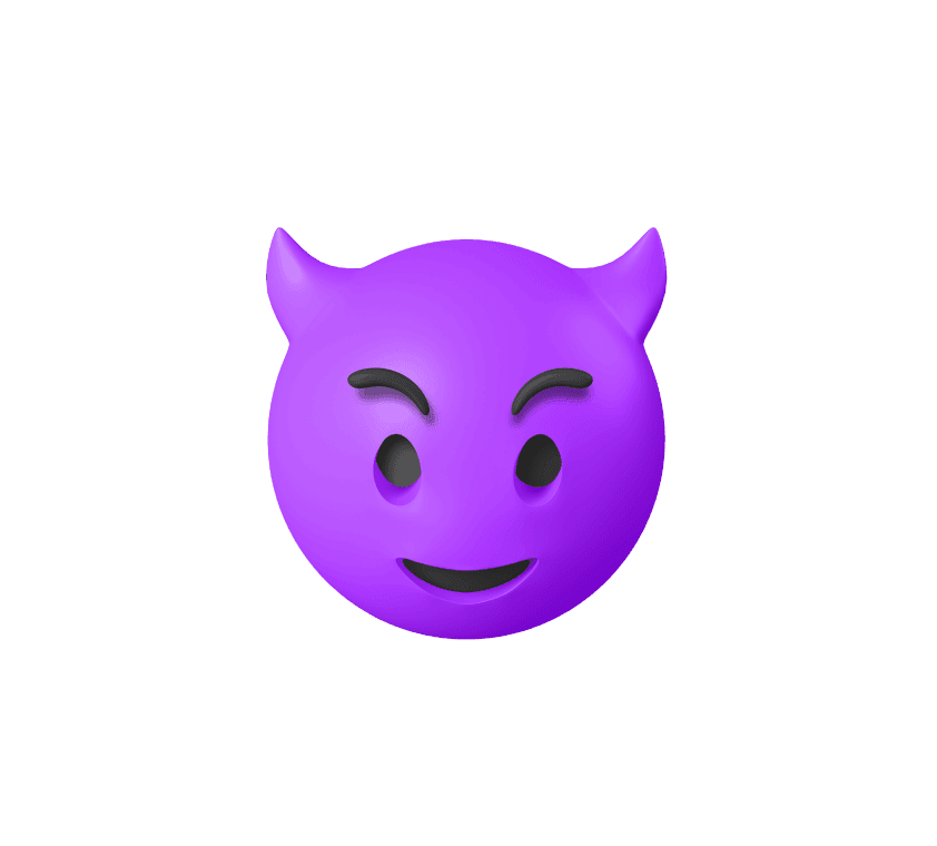 Free 3D emoji of a smiling purple devil face with horns, representing mischief or playful evil expression