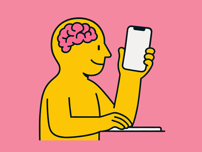 Illustration of a person with brain exposed holding a smartphone – creative mockup concept by Wannathis
