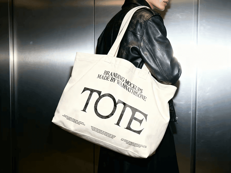 Realistic tote bag branding mockup in an elevator, natural lighting and fabric texture