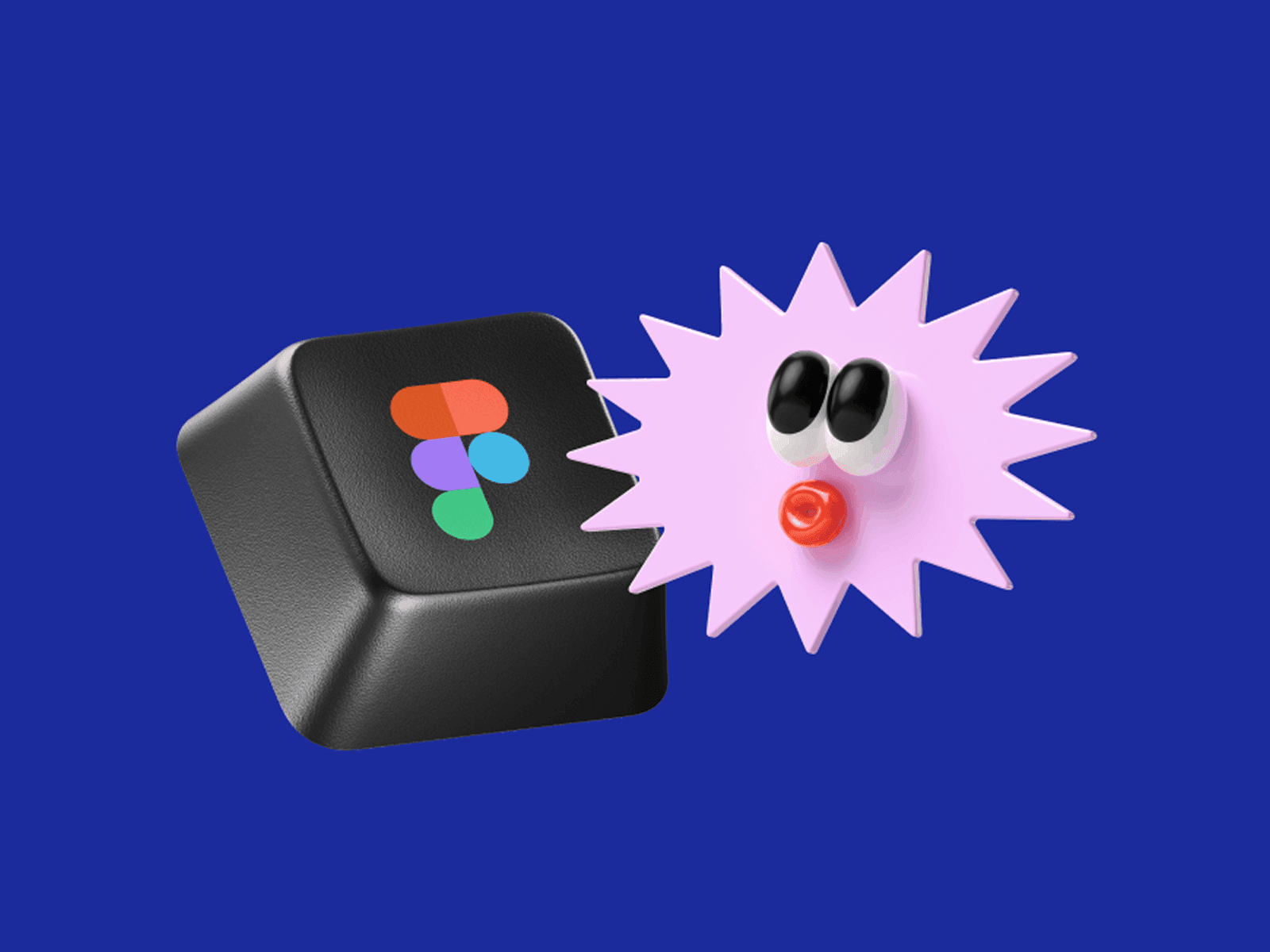 A black keycap with the Figma logo beside a pink spiky 3D character with googly eyes on blue, cover image for a step-by-step guide to using mockups in Figma