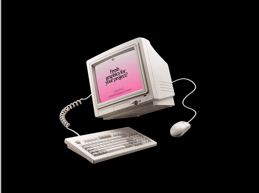 Vintage beige computer setup with a pink gradient screen on black, cover image for a guide answering what a mockup is and how designers use one